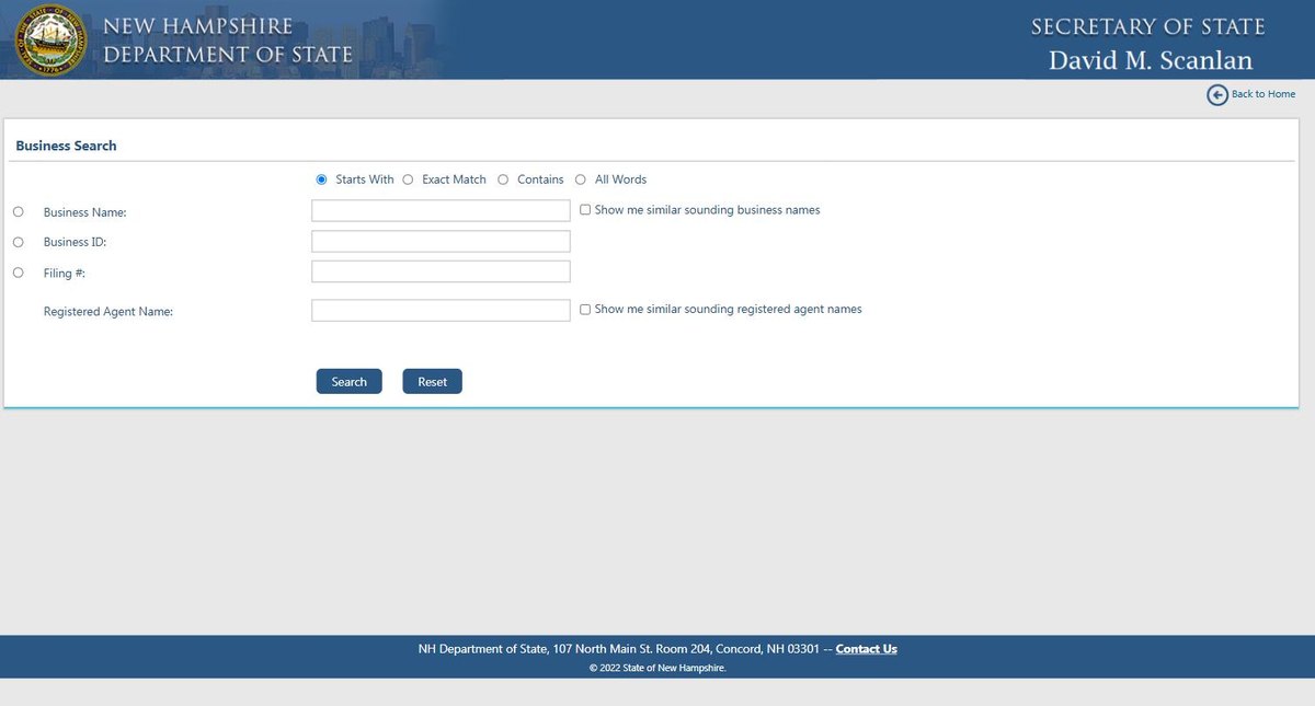 The New Hampshire business entity search on quickstart.sos.nh.gov, run by the New Hampshire Secretary of State, offering business name, business ID, filing number and registered agent name.