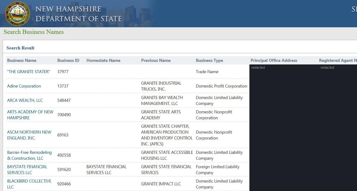 New Hampshire business entity search results on quickstart.sos.nh.gov, listing business name, business ID, homestate name, previous name, business type, principal office address, registered agent name and status for each entity. Personal names and addresses in this image are redacted.