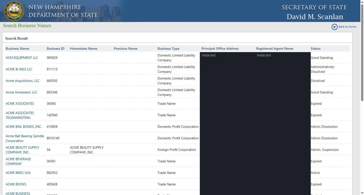 New Hampshire business entity search results on quickstart.sos.nh.gov, listing business name, business ID, homestate name, previous name, business type, principal office address, registered agent name and status for each entity. Personal names and addresses in this image are redacted.