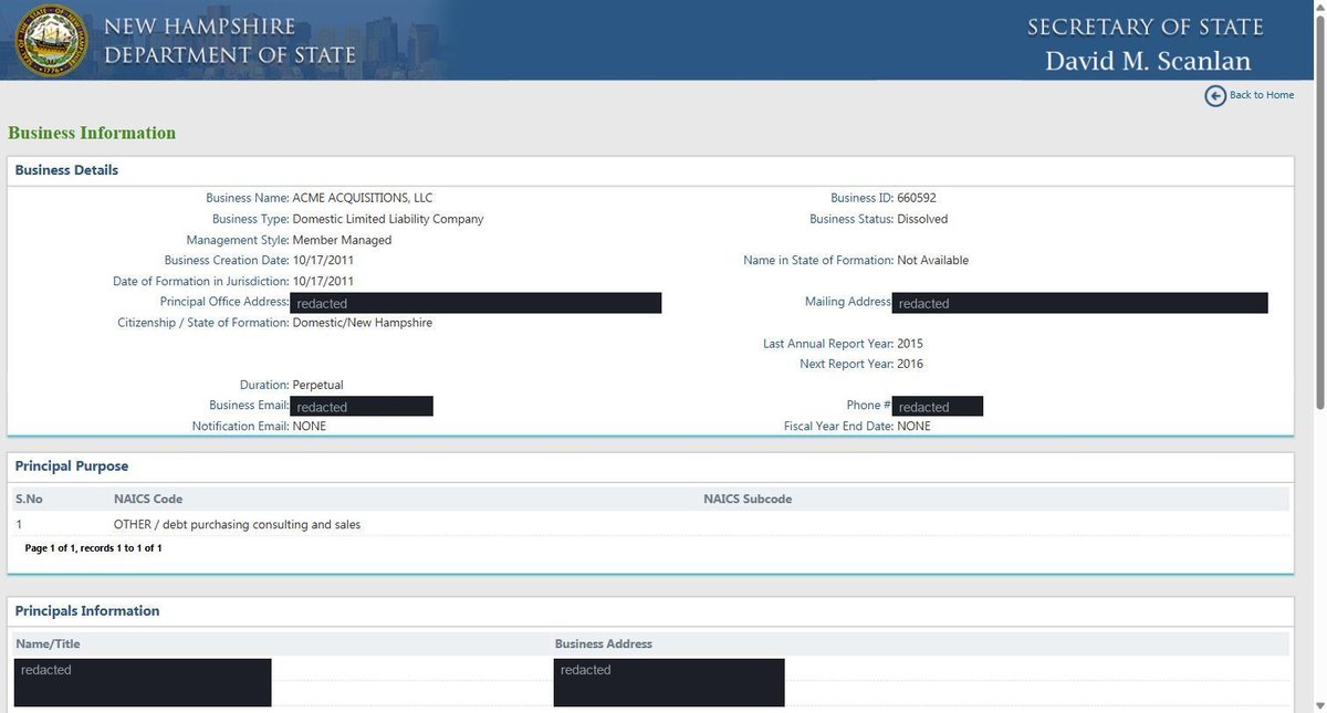 A single business entity record on the New Hampshire register at quickstart.sos.nh.gov, showing Business Details: the name, ID, type, status, management style - member managed or manager managed, which few states publish - creation date, date of formation in jurisdiction. Personal names and addresses in this image are redacted.