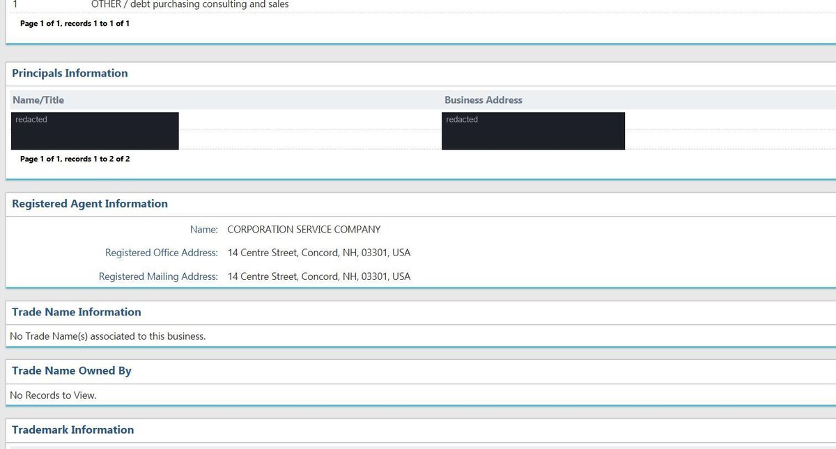A single business entity record on the New Hampshire register at quickstart.sos.nh.gov, showing Business Details: the name, ID, type, status, management style - member managed or manager managed, which few states publish - creation date, date of formation in jurisdiction. Personal names and addresses in this image are redacted.