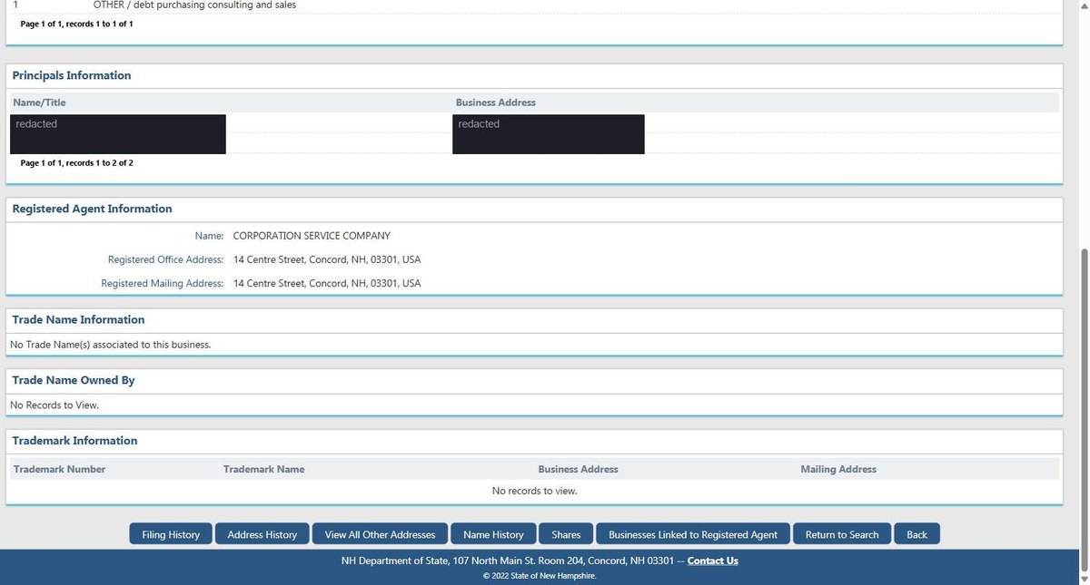 A single business entity record on the New Hampshire register at quickstart.sos.nh.gov, showing Business Details: the name, ID, type, status, management style - member managed or manager managed, which few states publish - creation date, date of formation in jurisdiction. Personal names and addresses in this image are redacted.