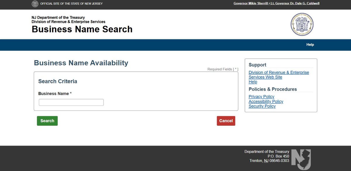 New Jersey's name availability screen, which asks the availability question directly rather than returning a list to interpret.