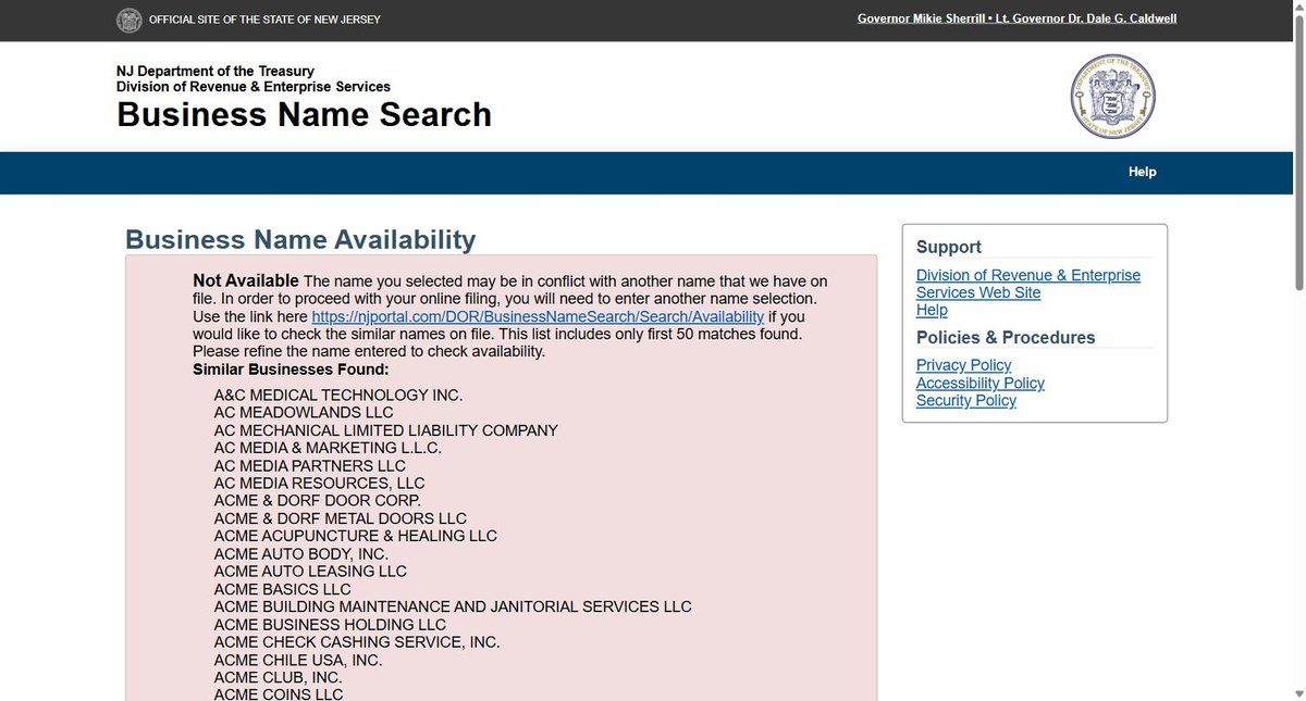 New Jersey's verdict for Acme: Not Available, with a note that the name may be in conflict and a capped list of similar businesses.
