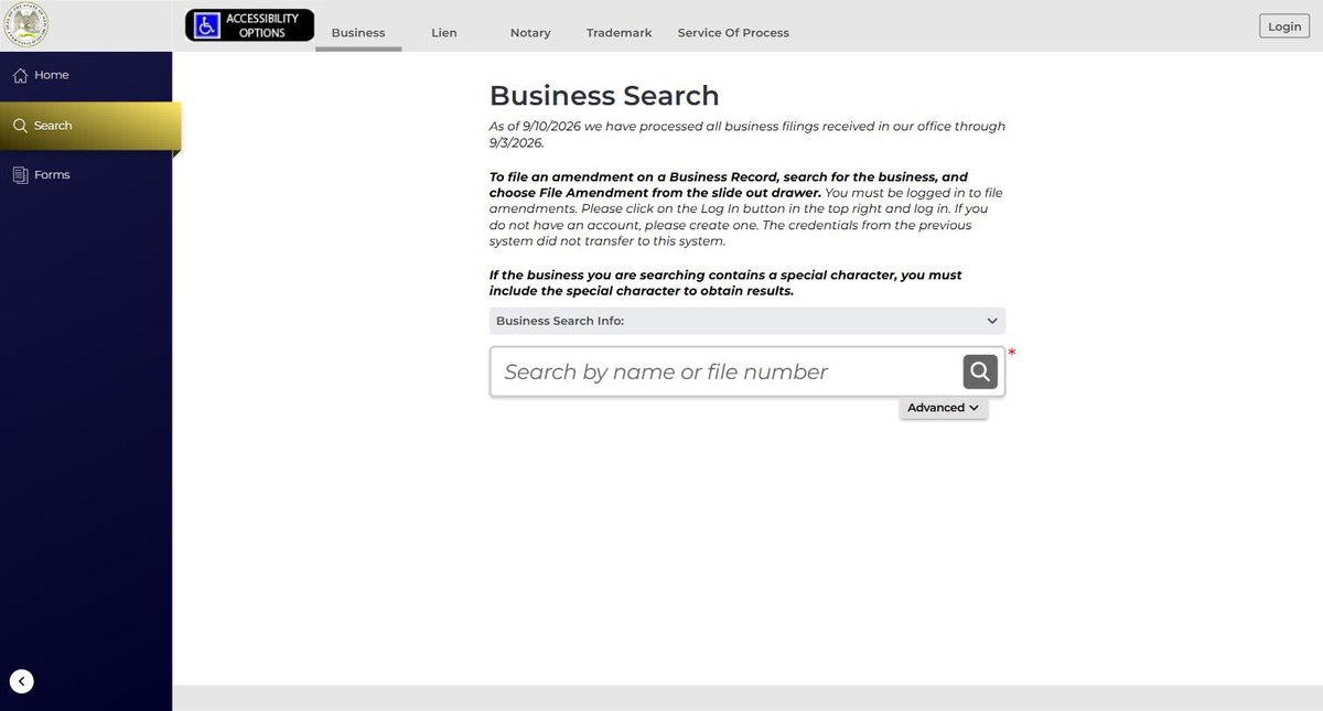 The New Mexico business entity search on enterprise.sos.nm.gov, run by the New Mexico Secretary of State, offering business name and file number.
