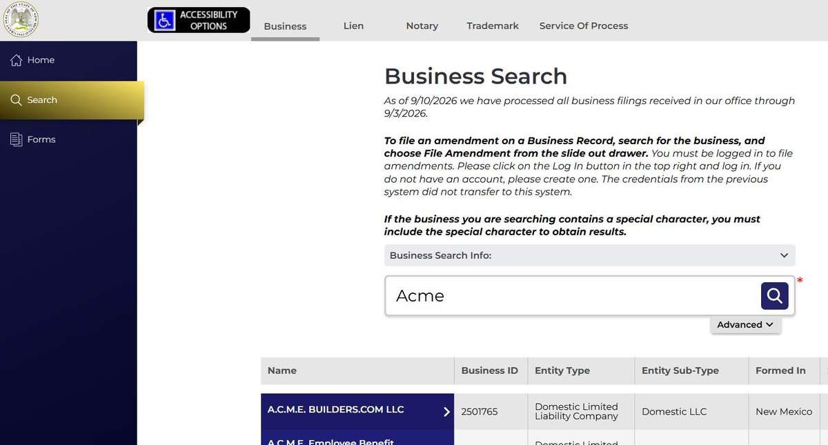 New Mexico business entity search results on enterprise.sos.nm.gov, listing the name, the record number, the entity type, the entity sub-type, where it was formed and its status for each entity.