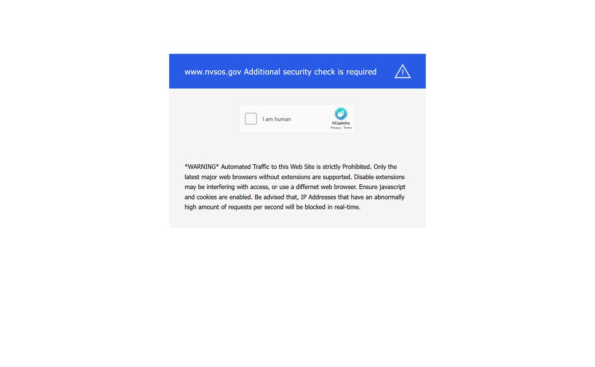 The security check Nevada's Secretary of State site shows first: an hCaptcha checkbox reading I am human, above a warning that automated traffic to the site is strictly prohibited.