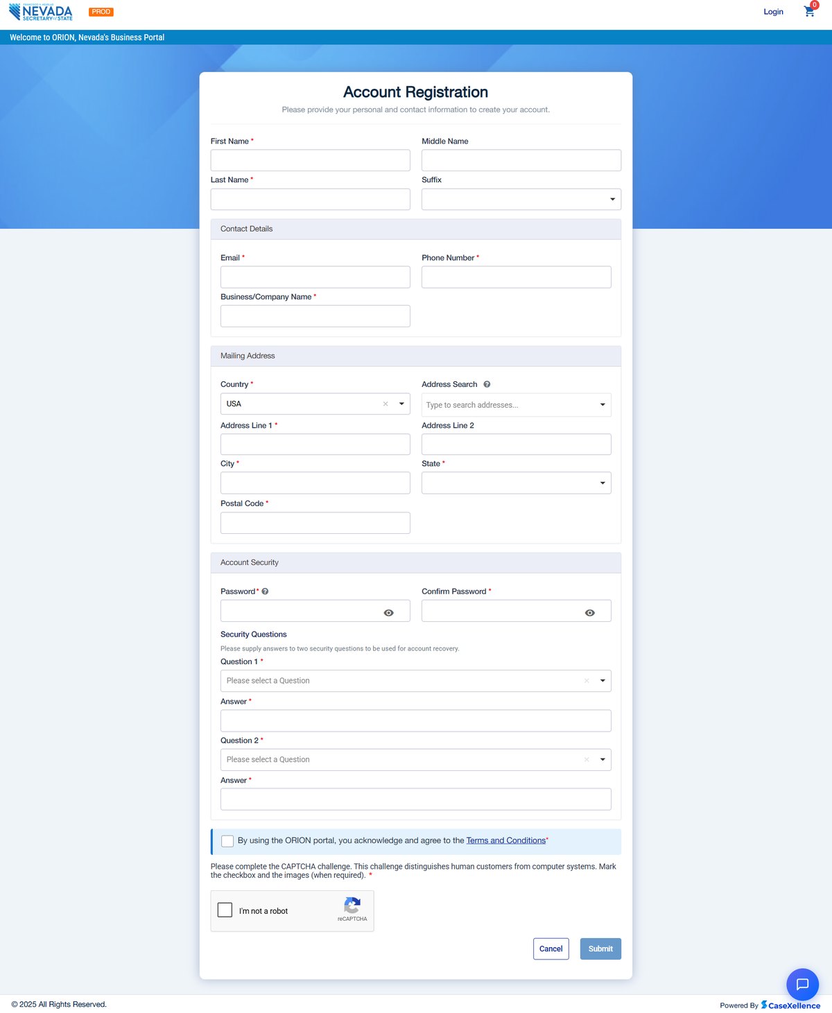 The ORION account registration form Nevada now requires before a name search, asking for a name, email, phone number, business or company name, mailing address, a password and two security questions, with a terms checkbox and a reCAPTCHA.