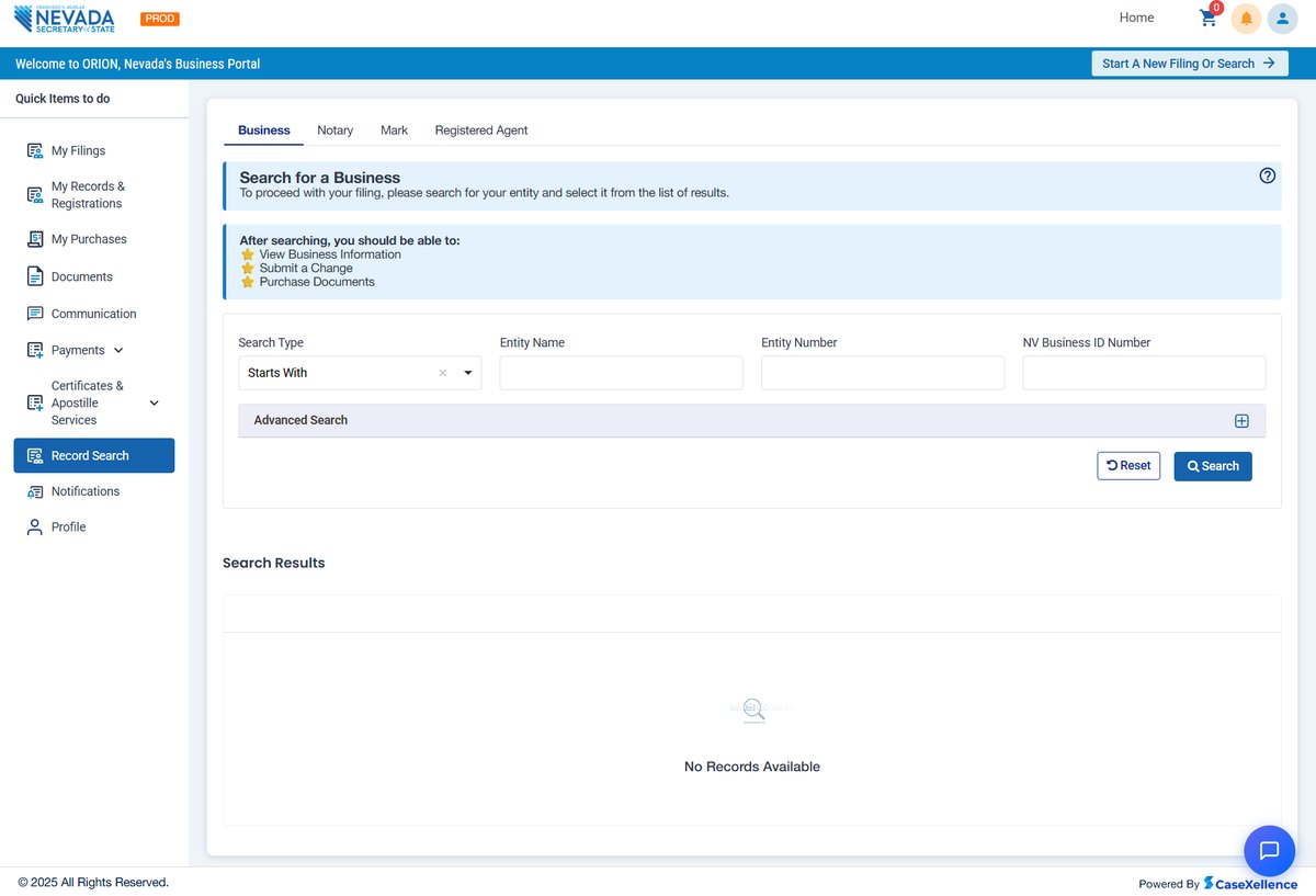 The business search inside Nevada's ORION portal after signing in, with tabs for business, notary, mark and registered agent searches, and fields for search type, entity name, entity number and NV Business ID number.