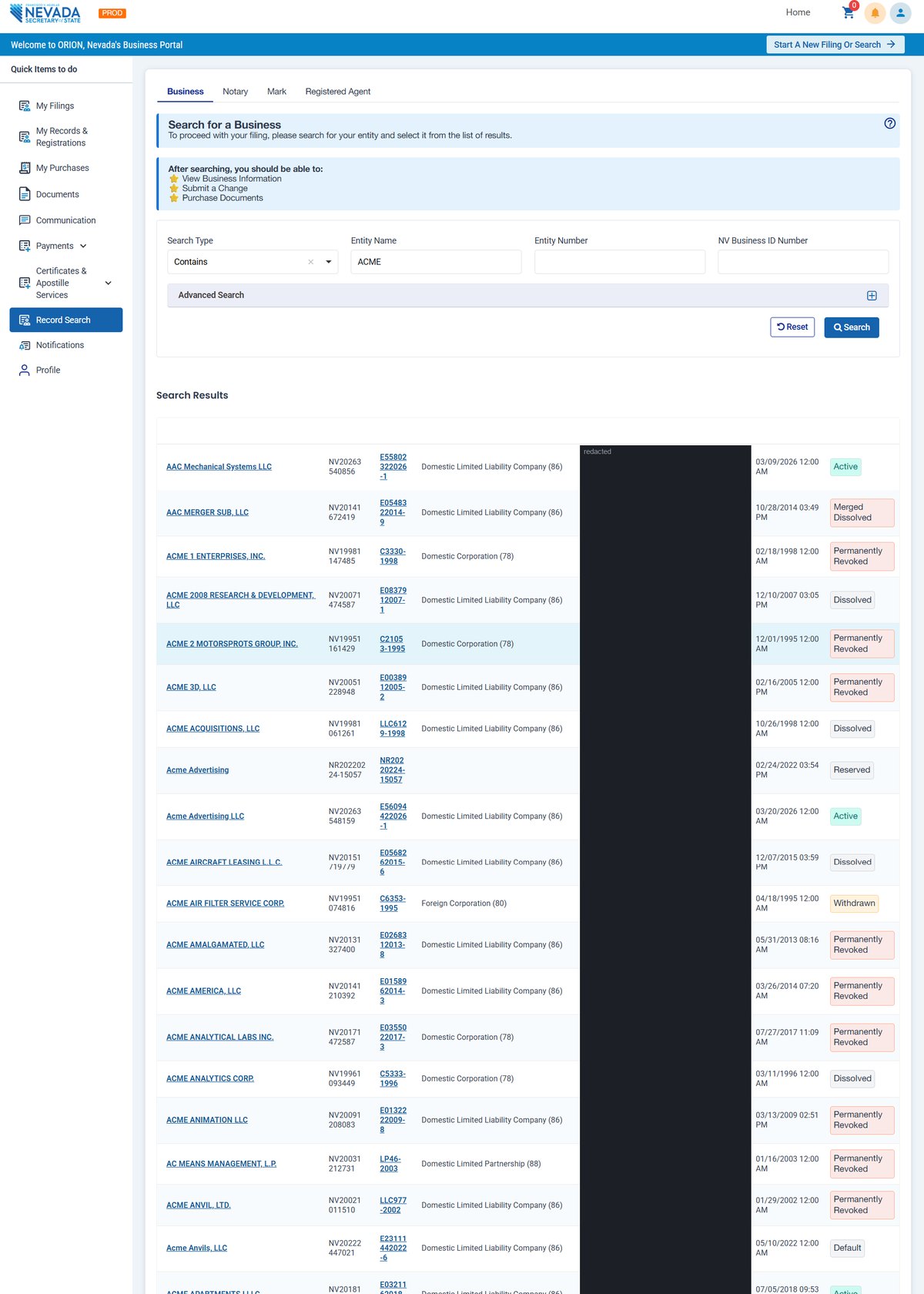 Nevada business search results in ORION for names containing Acme, listing the entity name, NV Business ID, entity number, entity type, date and status for each, including a reserved name. Registered agent names in this image are redacted.