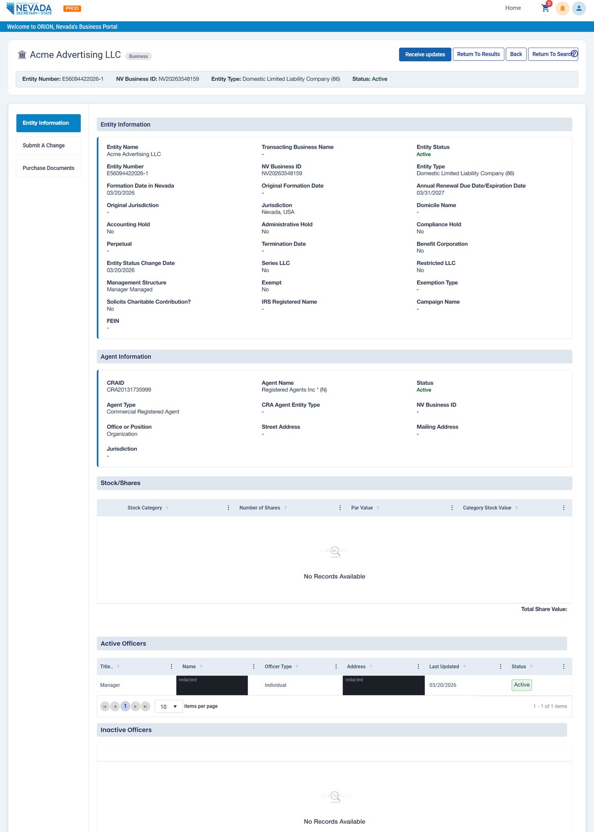 A single Nevada business entity record in ORION for Acme Advertising LLC, showing the entity number, NV Business ID, type and status, formation date, annual renewal due date, holds, management structure, registered agent and active officers. Personal names and addresses in this image are redacted.
