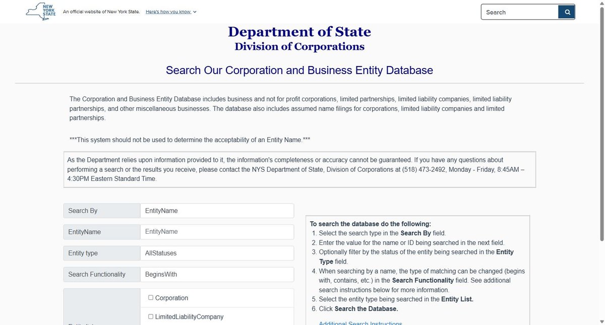 The New York business entity search on apps.dos.ny.gov, run by the New York Secretary of State, offering entity name, DOS ID, assumed name and assumed name ID.