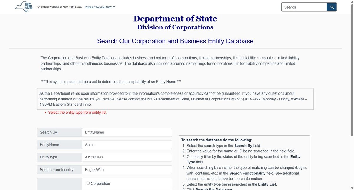 New York's search refusing to run until an entity type is chosen, with the required field flagged.