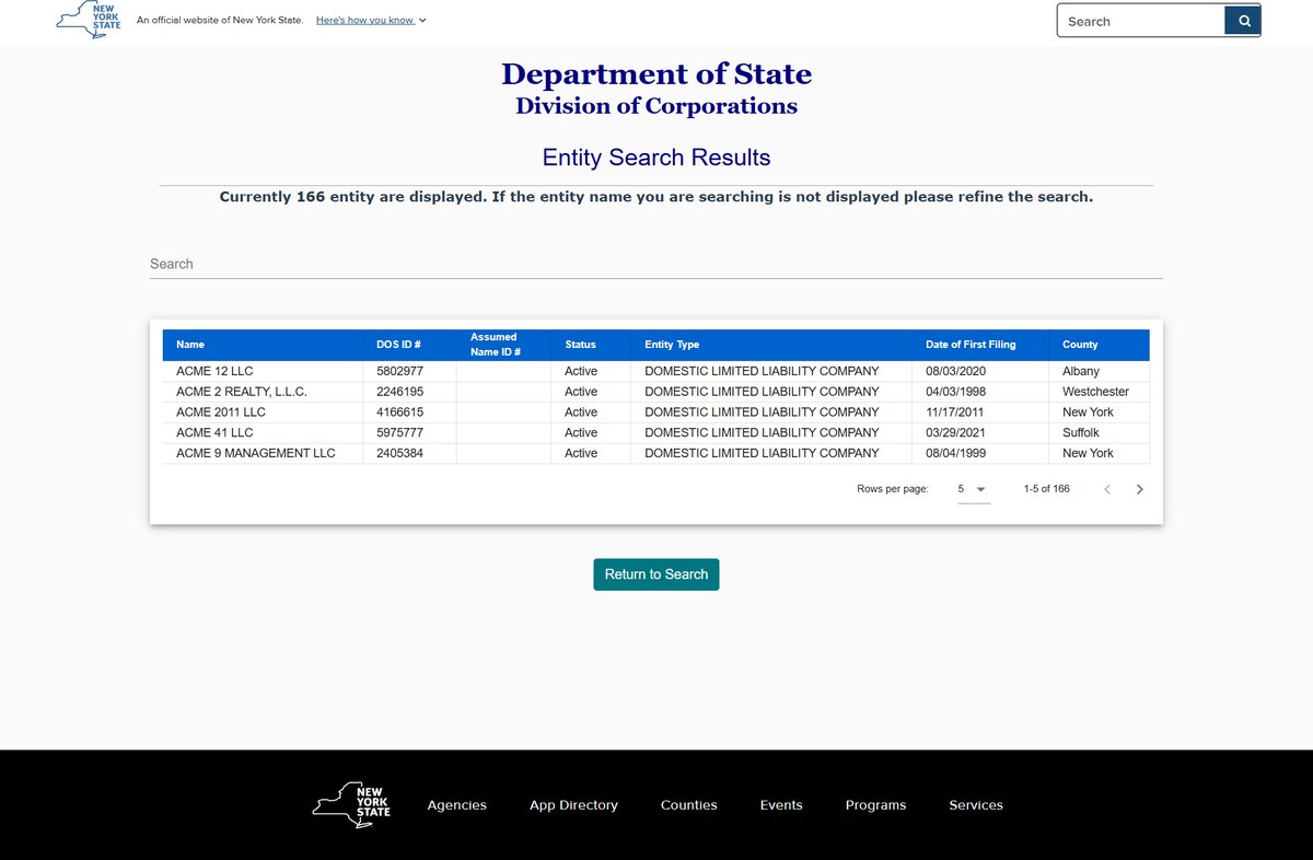New York business entity search results on apps.dos.ny.gov, listing the name, the DOS ID number, an assumed name ID where one applies, its status, the entity type, the date of first filing and the county for each entity.