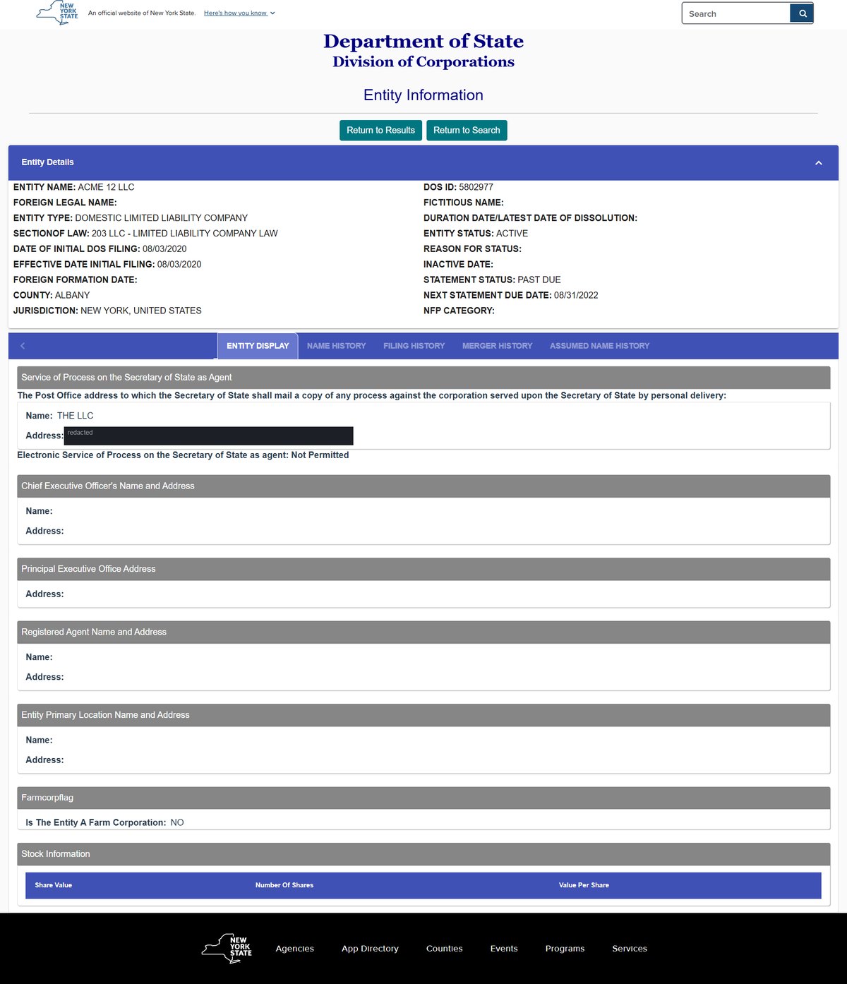 A single business entity record on the New York register at apps.dos.ny.gov, showing entity name, DOS ID, any foreign legal name and any fictitious name, entity type and the section of law it was formed under, date of initial DOS filing and its effective date. Personal names and addresses in this image are redacted.
