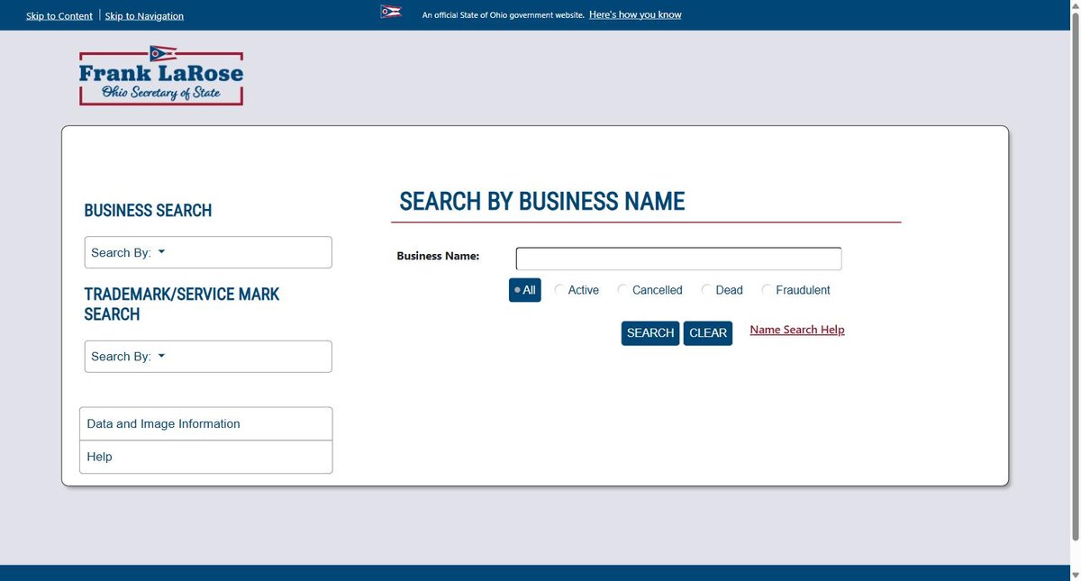 The Ohio business entity search on businesssearch.ohiosos.gov, run by the Ohio Secretary of State, offering business name, exact business name, prior business name and agent or registrant.