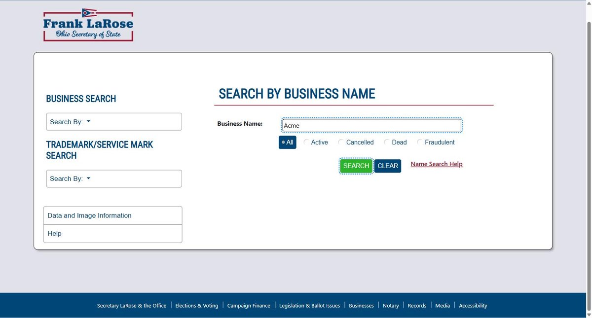Advanced search options on the Ohio business entity search, expanded. Status: All, Active, Cancelled, Dead or Fraudulent, set to All. Trademarks and service marks have their own search in the sidebar.