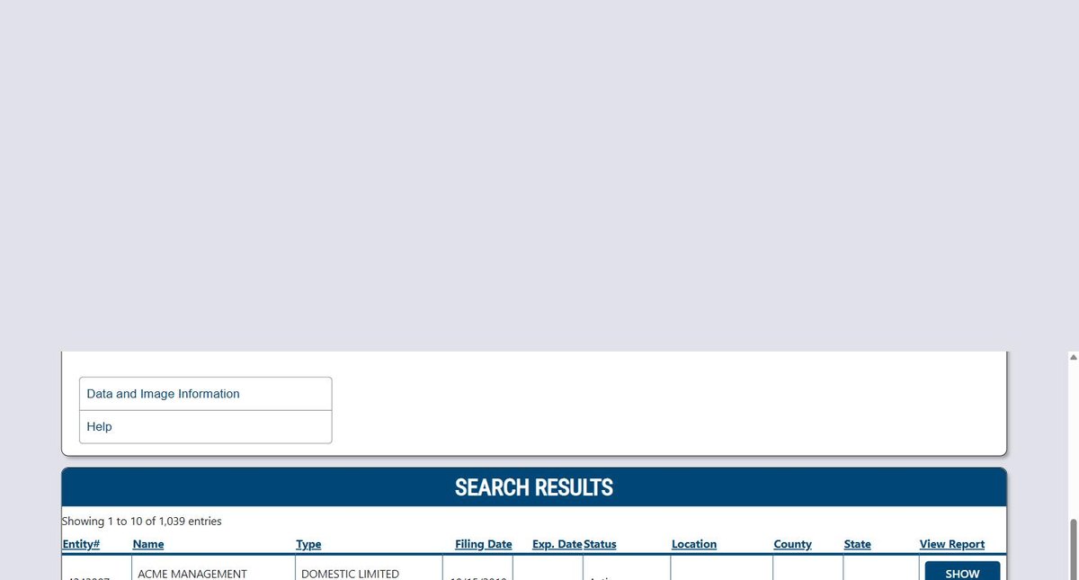 Ohio business entity search results on businesssearch.ohiosos.gov, listing the entity number, the name, the type, the filing date, an expiry date, its status, the location, the county, the state and a link to the report for each entity.