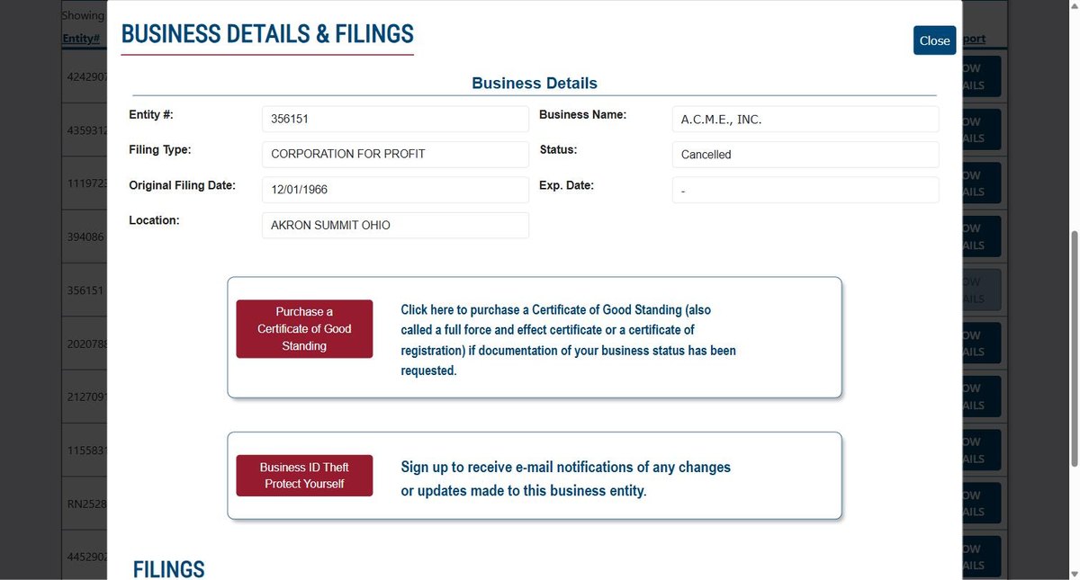 A single business entity record on the Ohio register at businesssearch.ohiosos.gov, showing the entity number and business name, the filing type, its status, the original filing date and any expiry date, the location, given as city, county and state, the statutory agent's name, address.