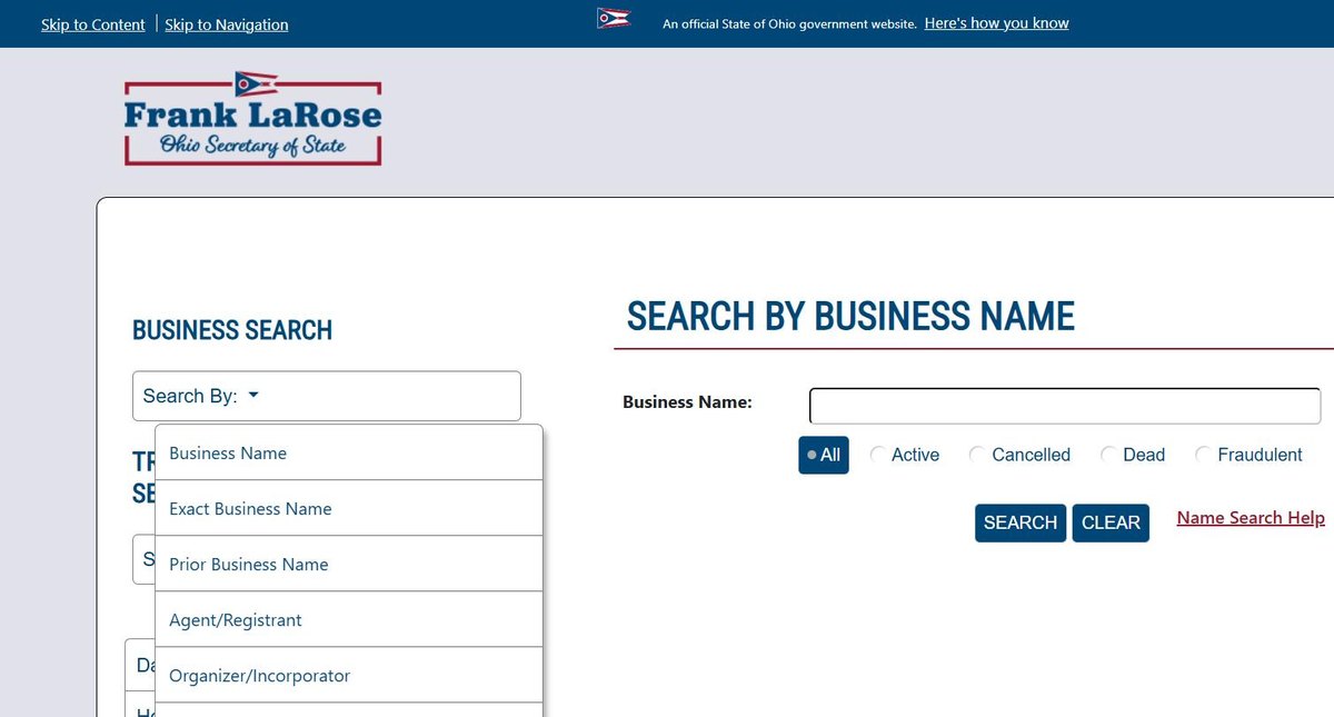 Ohio's Search By dropdown, expanded to show what the register can be searched on besides the business name.