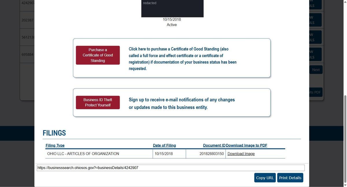 A single business entity record on the Ohio register at businesssearch.ohiosos.gov, showing the entity number and business name, the filing type, its status, the original filing date and any expiry date, the location, given as city, county and state, the statutory agent's name, address. Personal names and addresses in this image are redacted.