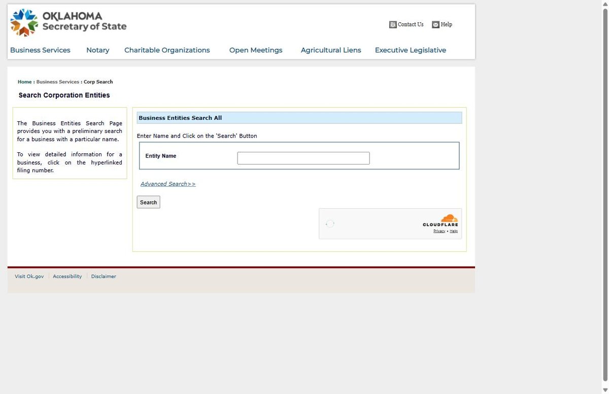 The Oklahoma business entity search on sos.ok.gov, run by the Oklahoma Secretary of State, offering entity name. There is no match-mode setting on this screen.