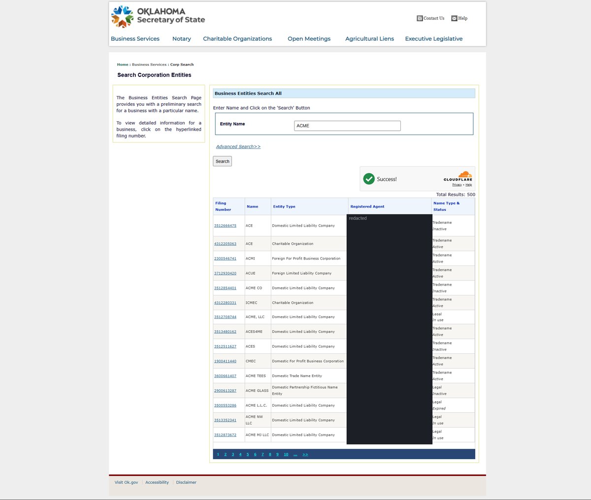 Oklahoma business entity search results on sos.ok.gov, listing filing number, name, entity type, registered agent and name type & status for each entity. Personal names in this image are redacted.