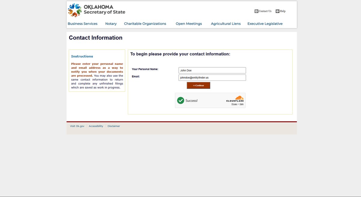 Oklahoma's Contact Information screen, which asks for a personal name and email address between the results list and the entity summary. Its own instructions explain the request is to notify a filer when documents are processed. The fields hold our own placeholder entries.
