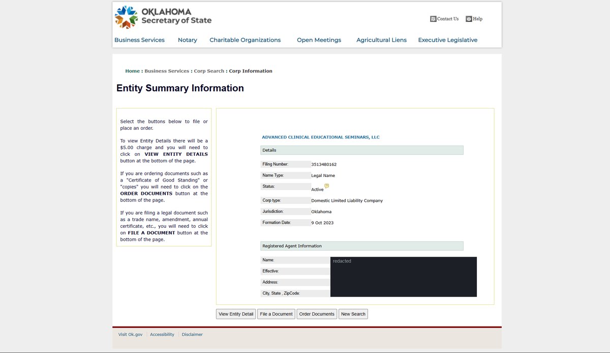 A single business entity record on the Oklahoma register at sos.ok.gov, showing The free Entity Summary carries: filing number, name type, status, corp type, jurisdiction and formation date, then Registered Agent Information with name, effective date and full address. Personal names and addresses in this image are redacted.