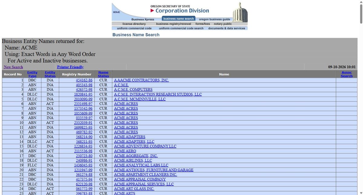 Oregon business entity search results on sos.oregon.gov, listing a record number, the entity type, the entity status, the registry number, the name status, the name and an associated-search link for each entity.