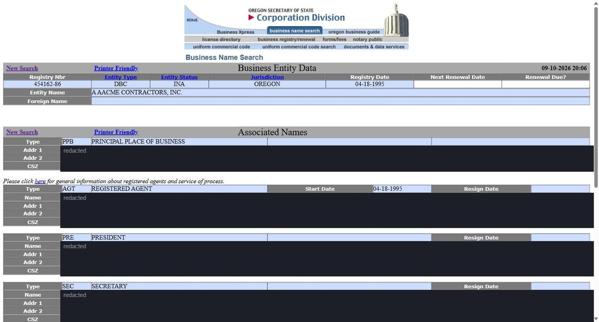 A single business entity record on the Oregon register at sos.oregon.gov, showing Business Entity Data: registry number, entity type, entity status, jurisdiction, registry date, next renewal date, renewal due. Personal names and addresses in this image are redacted.
