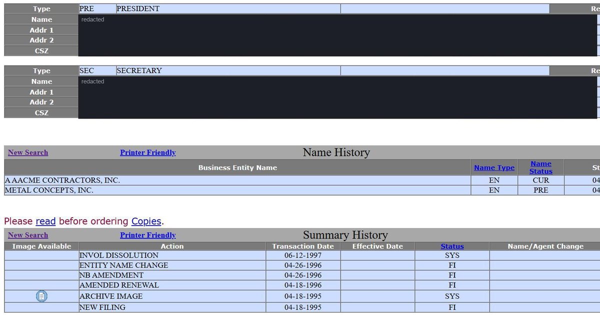 A single business entity record on the Oregon register at sos.oregon.gov, showing Business Entity Data: registry number, entity type, entity status, jurisdiction, registry date, next renewal date, renewal due. Personal names and addresses in this image are redacted.