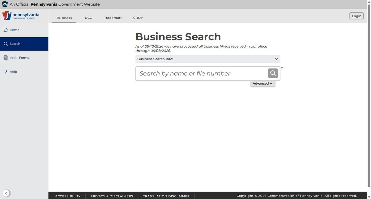 The Pennsylvania business entity search on file.dos.pa.gov, run by the Pennsylvania Department of State, offering business name or file number.