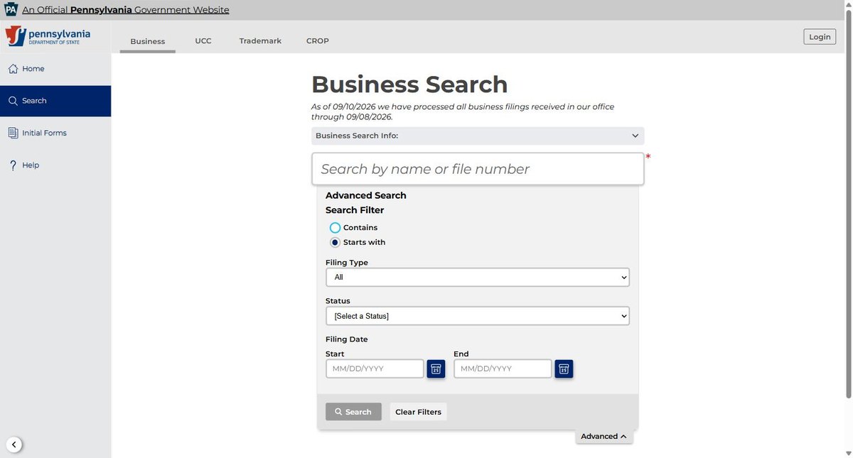 Advanced search options on the Pennsylvania business entity search, expanded. Search filter: Contains or Starts with. Filing type, status and a filing date range. Trademarks, UCC filings and CROP registrations each have their own tab.