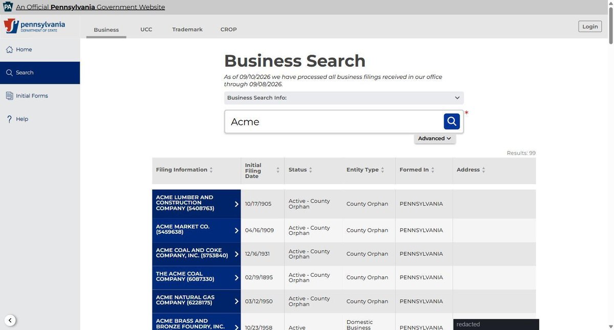 Pennsylvania business entity search results on file.dos.pa.gov, listing the name with its filing number, the initial filing date, its status, the entity type, where it was formed and the address for each entity. Street addresses in this image are redacted.
