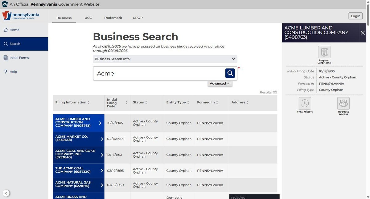 A single business entity record on the Pennsylvania register at file.dos.pa.gov, showing the initial filing date, its status, where it was formed, the filing type and buttons to request a certificate, view history and request access. Street addresses in this image are redacted.
