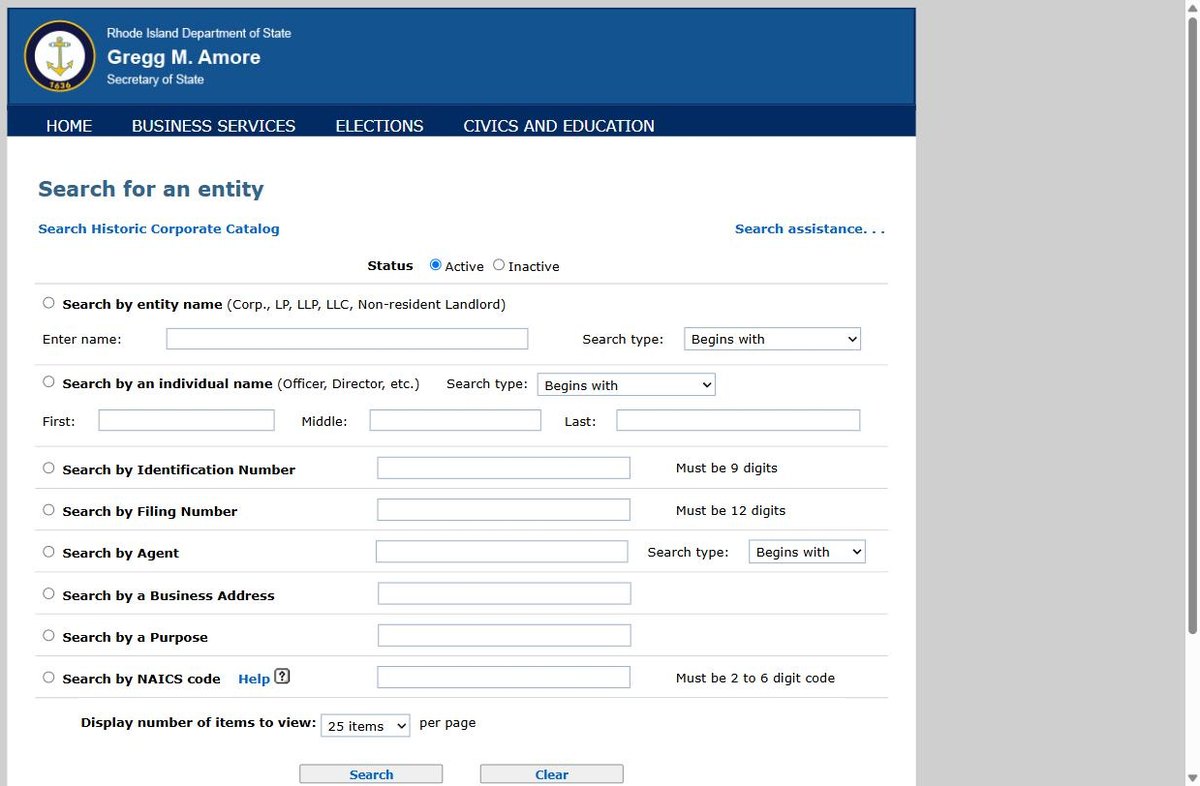 The Rhode Island business entity search on business.sos.ri.gov, run by the Rhode Island Secretary of State, offering entity name, individual name, identification number and filing number.