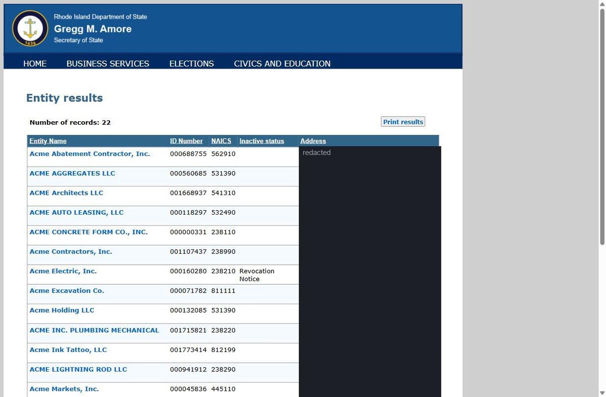 Rhode Island business entity search results on business.sos.ri.gov, listing the entity name, the ID number, the NAICS code, an inactive status where one applies and the address for each entity. Street addresses in this image are redacted.