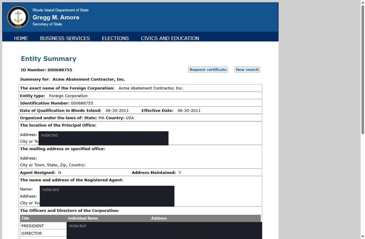 A single business entity record on the Rhode Island register at business.sos.ri.gov, showing the exact registered name and entity type, the identification number, the date of qualification in Rhode Island and its effective date, the state and country it was organised under. Personal names and addresses in this image are redacted.