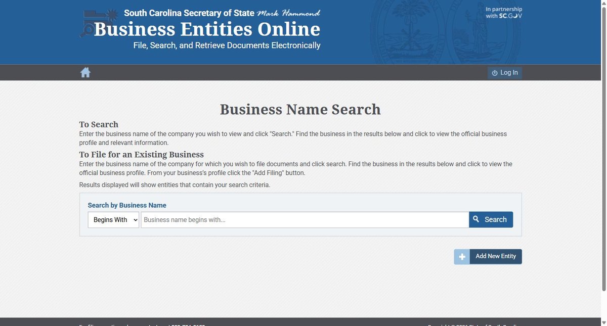 The South Carolina business entity search on businessfilings.sc.gov, run by the South Carolina Secretary of State, offering business name.