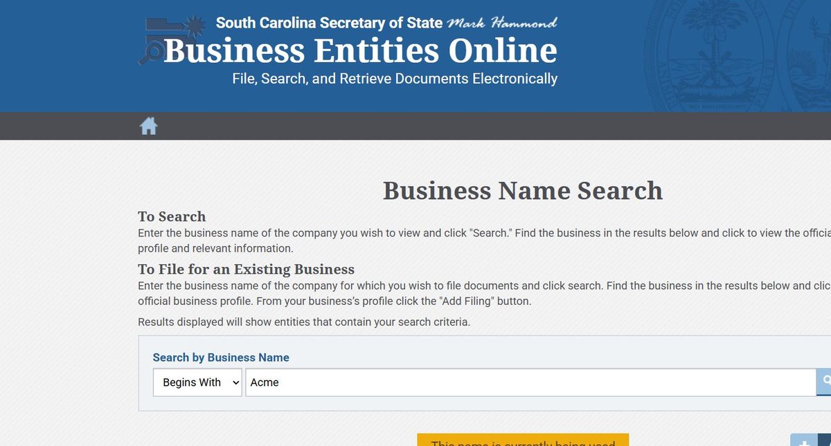 South Carolina's search after submission, while the result is being returned.