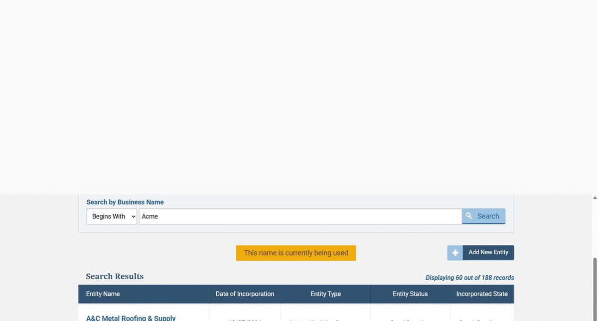 South Carolina business entity search results, showing a capped subset of the matching records across several pages, beneath the name-availability banner.