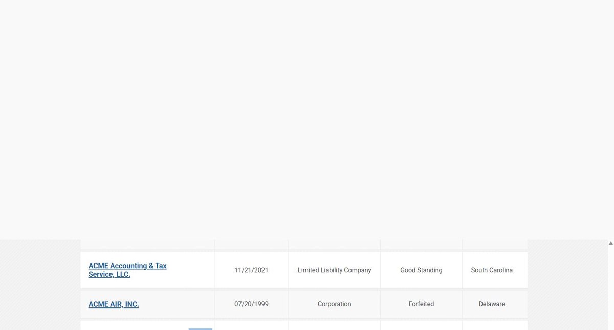South Carolina business entity search results on businessfilings.sc.gov, listing entity name, date of incorporation, entity type, entity status and incorporated state for each entity.