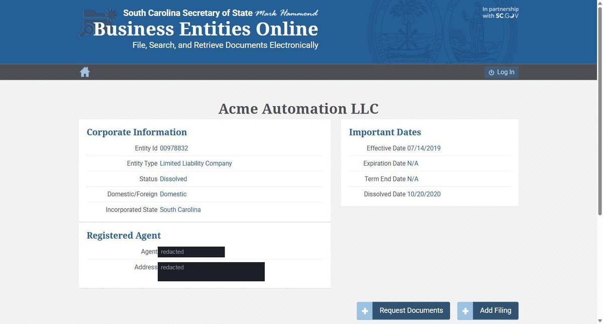 A single business entity record on the South Carolina register at businessfilings.sc.gov, showing A short record. Corporate Information gives the entity ID, entity type, status, whether the entity is domestic or foreign, and the state it was incorporated in. Personal names and addresses in this image are redacted.