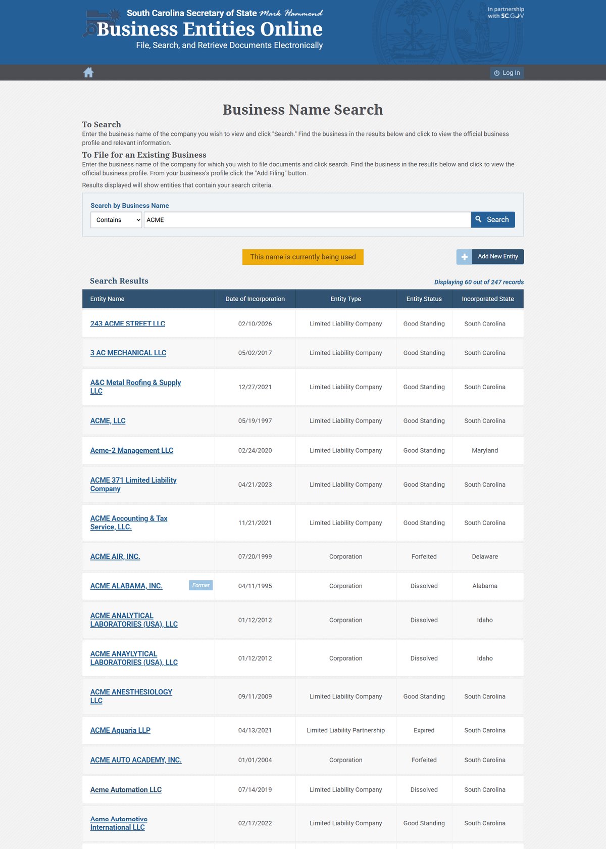 South Carolina business entity search results on businessfilings.sc.gov, listing entity name, date of incorporation, entity type, entity status and incorporated state for each entity.