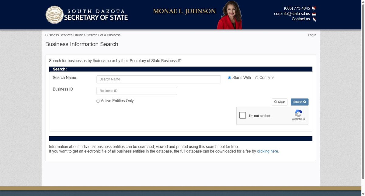 The South Dakota business entity search on sosenterprise.sd.gov, run by the South Dakota Secretary of State, offering business name and business ID.