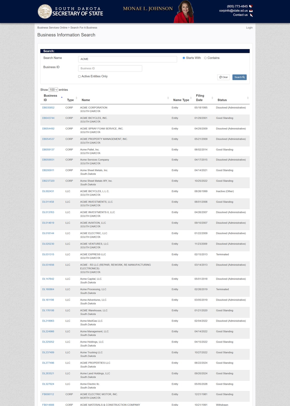 South Dakota business entity search results on sosenterprise.sd.gov, listing business ID, type, name, name type, filing date, status and home state for each entity.