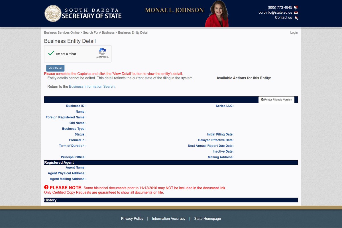 A single business entity record on the South Dakota register at sosenterprise.sd.gov, showing Business Entity Detail: business ID, name, status, state formed in, term of duration, initial filing date, a Next Annual Report Due Date, inactive date where one applies.