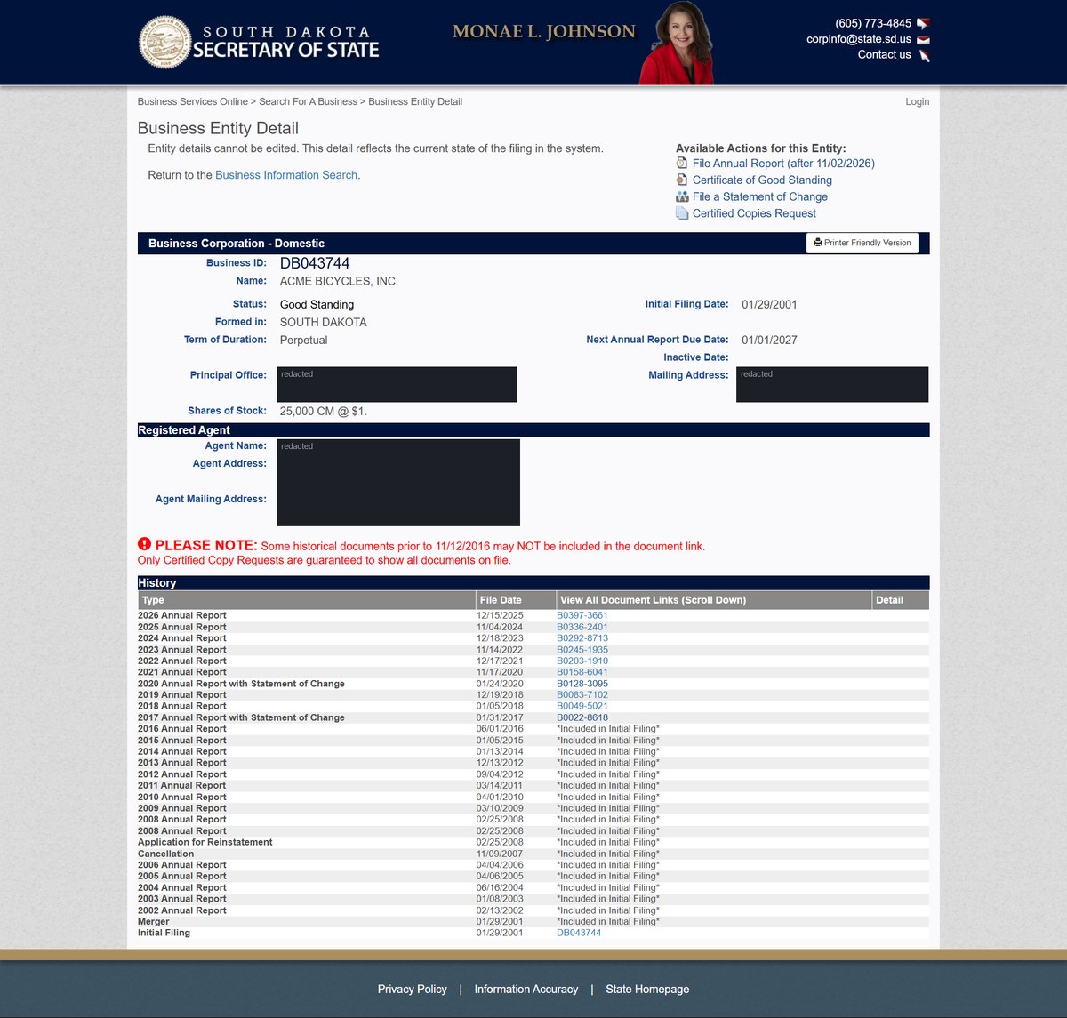 A single business entity record on the South Dakota register at sosenterprise.sd.gov, showing Business Entity Detail: business ID, name, status, state formed in, term of duration, initial filing date, a Next Annual Report Due Date, inactive date where one applies. Personal names and addresses in this image are redacted.