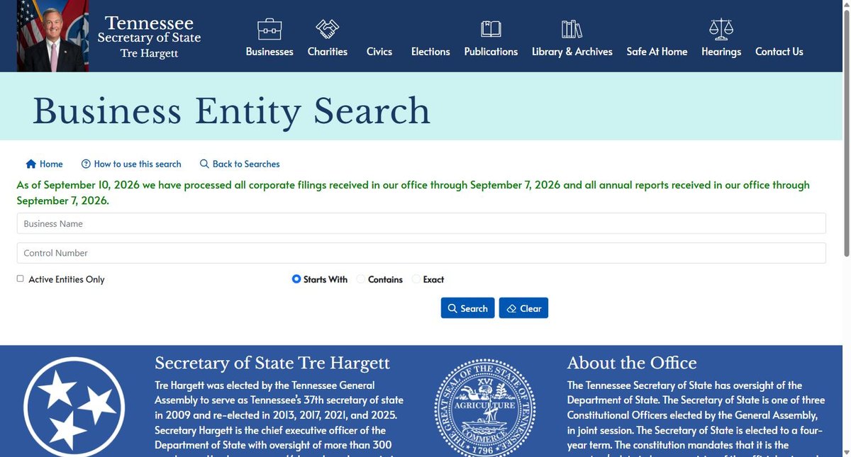 The Tennessee business entity search on tncab.tnsos.gov, run by the Tennessee Secretary of State, offering business name and control number.